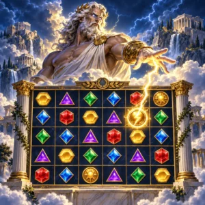 Ilustrasi Zeus dan kisi simbol 6x5 untuk ulasan Gates of Olympus